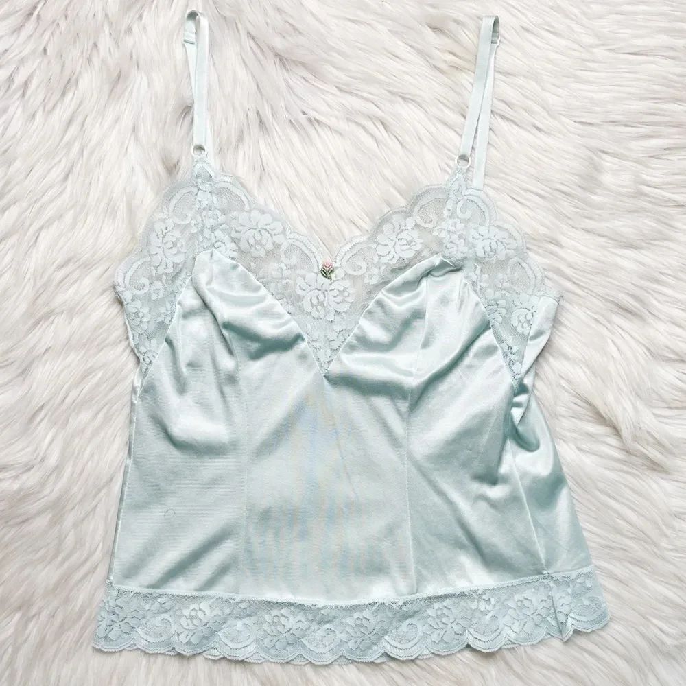 Maidenform Chantlilly Lace Slip Pajama Top Minty Light Blue Size XS